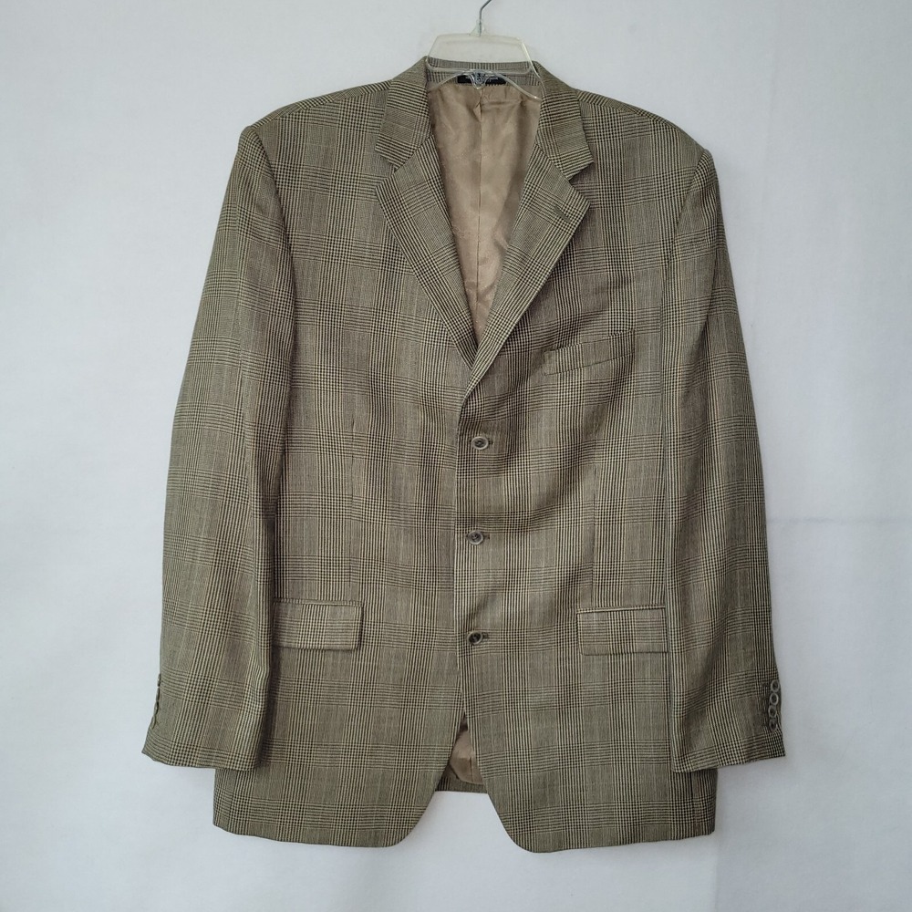 Stafford Silk Wool Sport Coat Mens 44L Brown Glen Plaid 3-Button Office Preppy